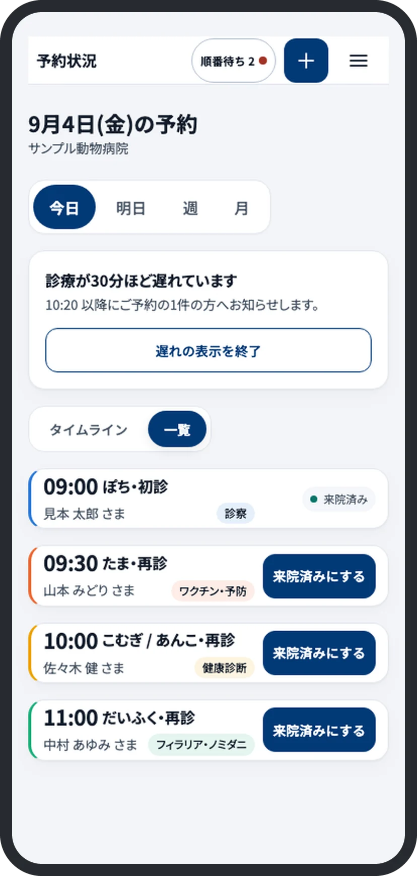病院の当日のスマートフォン画面